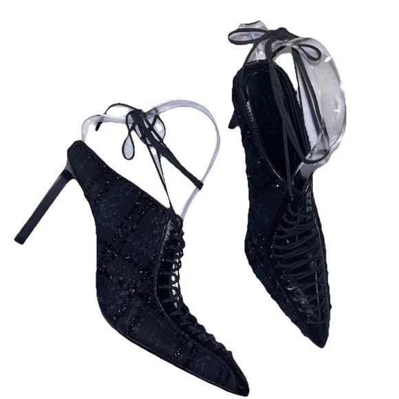 GIVENCHY pumps heels mule black lace size EU 37.5 lace-up pointed toe witchy new - Picture 7 of 15